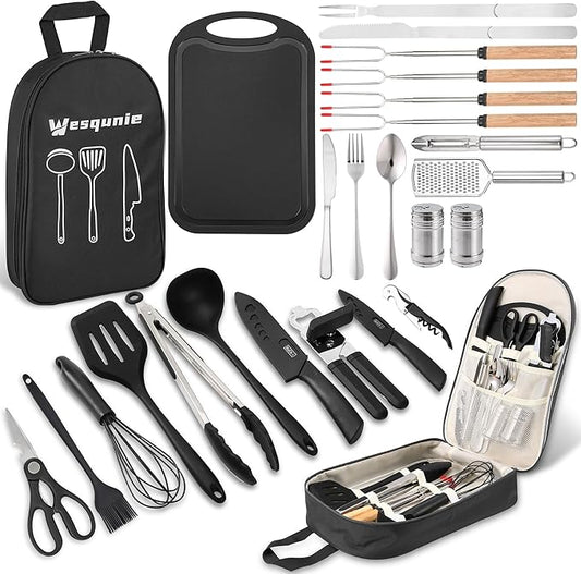 Camping Cooking Essentials Utensils Set - Camp Cookware Kitchen Accessories Kit, Camper Gear Must Haves, Stainless Steel & Silicone, RV Car Portable Outdoor Equipment Tool