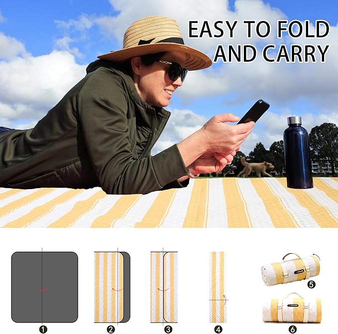 HX&OD Extra Large Picnic Outdoor Blanket, 80”x80” Waterproof Picnic Mat Foldable Camping Blanket Portable with Carry Strap for Beach Mat Outdoor Camping Party(Yellow)