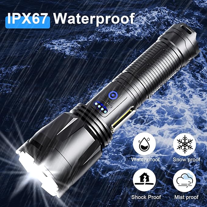 Flashlights High Lumens Rechargeable,300000 Lumens Super Bright Flashlights, 7 Modes with COB Work Light, Zoomable, IP67 Waterproof Flash Light with Cases for Emergency Camping