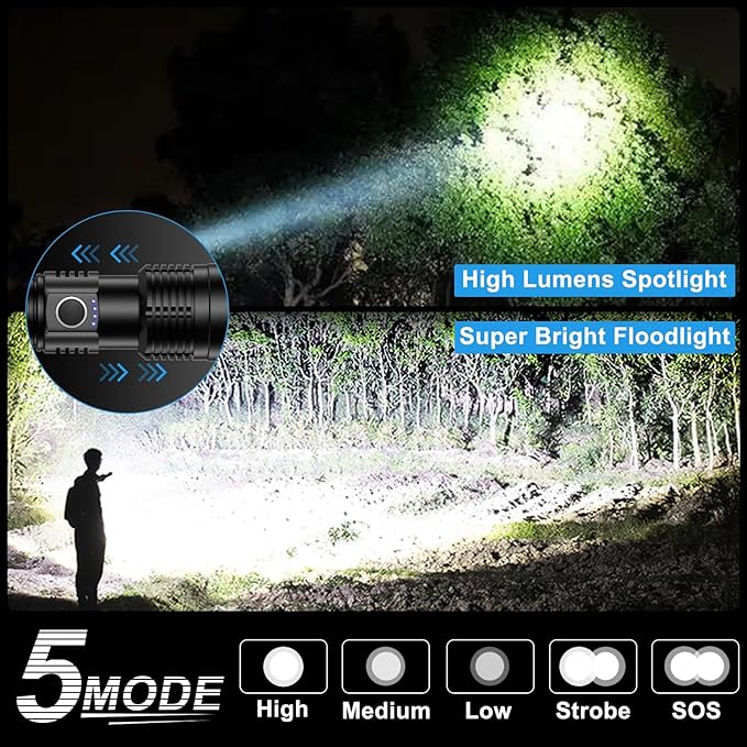LED Flashlights High Lumens Rechargeable, 980,000 Lumens Super Bright Tactical Flashlight Powerful Flash Light with 5 Modes, 12H Running Time, IPX6 Waterproof Flashlight for Home Emergency