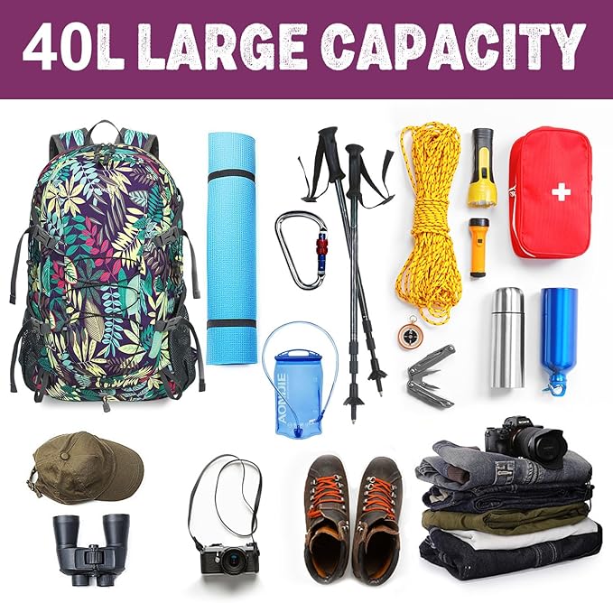 40L Lightweight Hiking Backpack Travel Packable Daypack for Women and Men, Purple Leaf