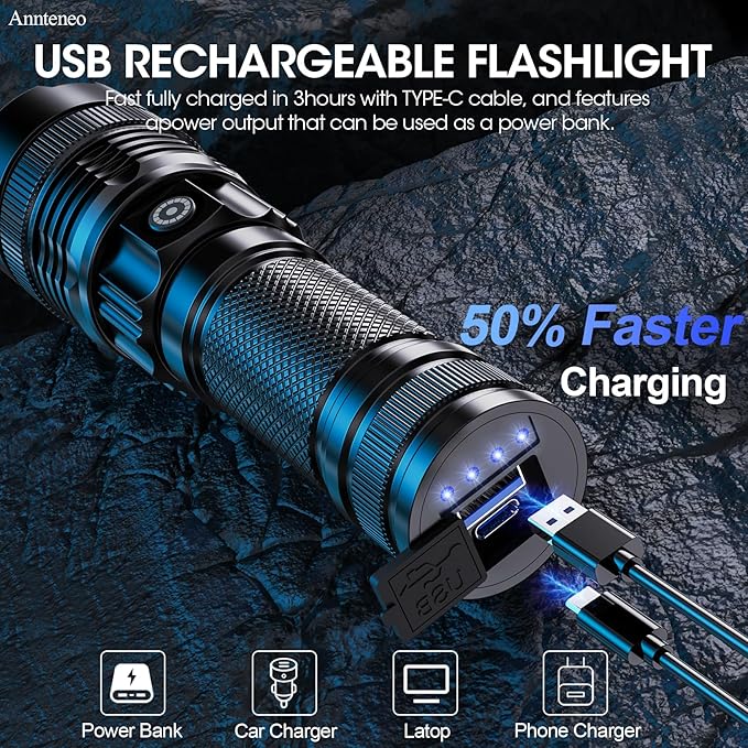 Flashlights High Lumens, 25000lm Super Bright Flashlight USB Rechargeable-1600Meter Long Beam LED Flashlights(Included Battery)- Zoomable Spotligh Flash Light Waterproof for Home Emergency Camping