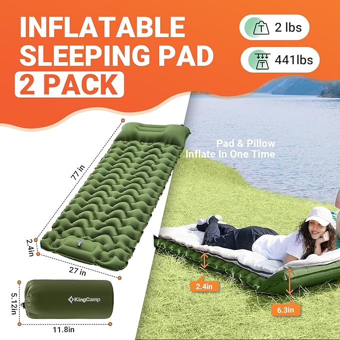 KingCamp Sleeping Pads for Camping, Self Inflating Camping Mattress with Built-in Foot Pump, Connectable Durable Inflatable Sleeping Mat with Pillow, Compact Camping Air Mattress for Camping Hiking