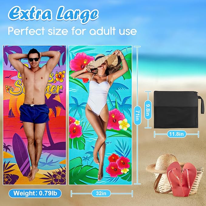 2 Pack Microfiber Beach Towel, 71"x32" XL Oversized Sand Free Beach Towels Blanket Soft & Absorbent for Adults Women Men Beach Pool Camping Travel Yoga Vacation Essentials Accessories Gifts