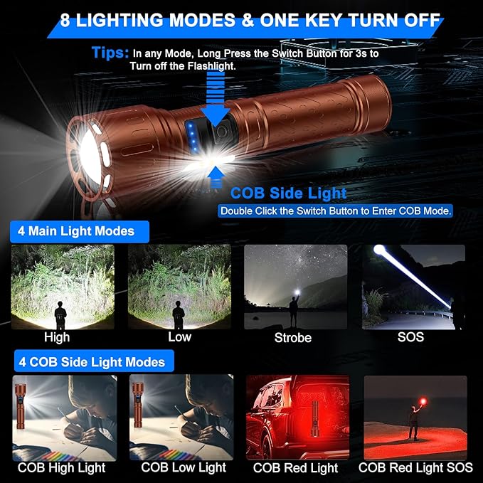 Rechargeable Magnetic Flashlights 100,000 High Lumens, Super Bright LED Powerful Flashlight 8 Modes with COB Work Light, Waterproof Handheld Flash Light for Camping (1 Pack with Paper Box, Brown)