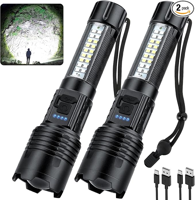 Rechargeable Flashlights High Lumens 2 Pack, 990000 Lumen Bright LED Flashlight with 7 Lighting Modes, IPX7 Waterproof Powerful Handheld Flash Light for Home Camping Emergency