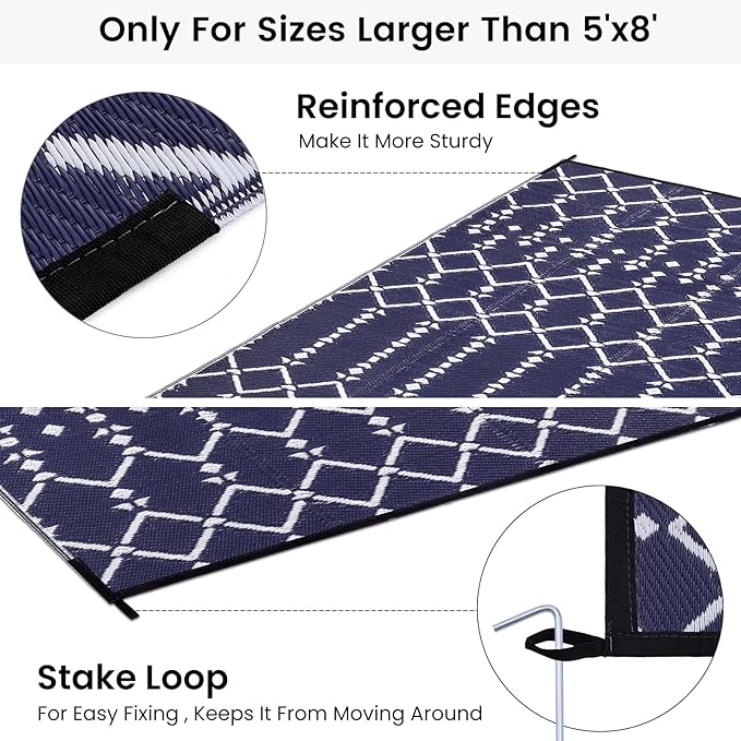 Smiry Outdoor Rug 6x9 ft, Waterproof Reversible Plastic Straw Rugs, Boho Outdoor Area Rug, Outside Floor Mat for Patio, Backyard, Deck, Picnic, Beach, Camping, Navy