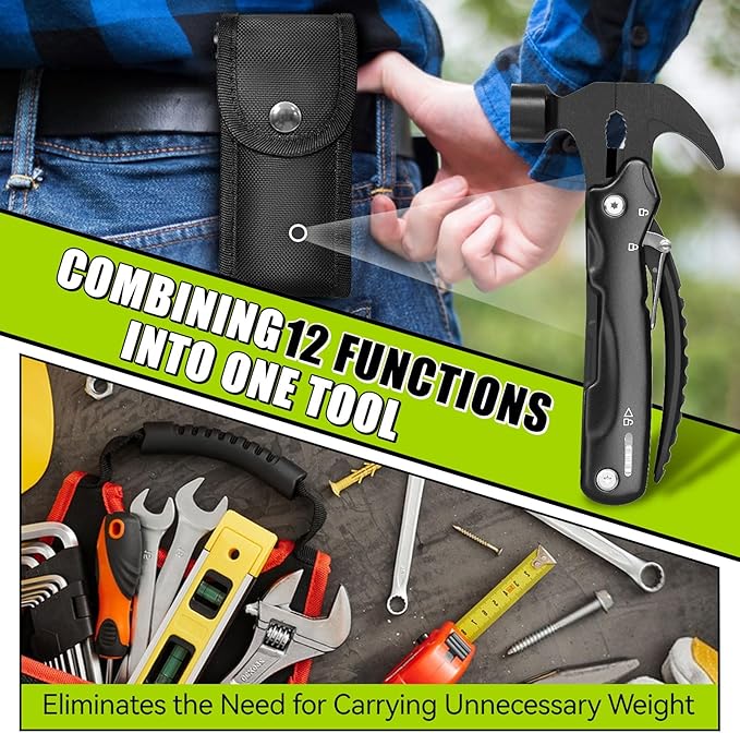12-Function Multitool Hammer - Camping Accessories, Birthday Gifts for Him, Dad's Dream Survival Kit,Men's Adventure Essentials