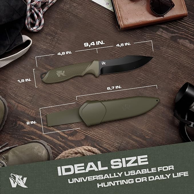 WOLF-I Full Tang Survival Knife with Sheath - Stylish Tactical Fixed Blade Knife - Made of D2 Steel - Bushcraft and Camping Knife Survival - Perfect EDC Outdoor Knife with TPE Handle