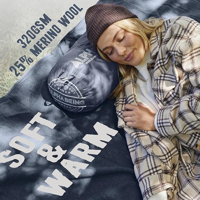 AlphaBeing Waterproof Outdoor Blanket with Merino Wool, Extra Thick Warm, Windproof, Packable Stadium Blankets for Cold Weather, Camping Gift, Pet, Car, Picnic, Concerts, 79" x 59", Navy