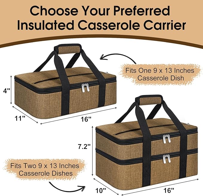 Double Insulated Casserole Carrier, Portable Casserole Carrier for Hot or Cold Food Lunch Tote Warmer or Cooler Bag, Lasagna Lunch Bag for Potluck Parties- Fits 9" x 13" Baking Dish-Coffee