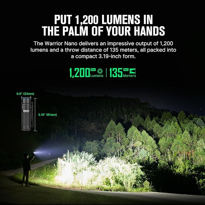 OLIGHT Warrior Nano Tactical Flashlight, 1200 Lumens Rechargeable LED Light with MCC Charger, Dual Switches EDC Flashlight for Emergency, Outdoors and Camping (Black)