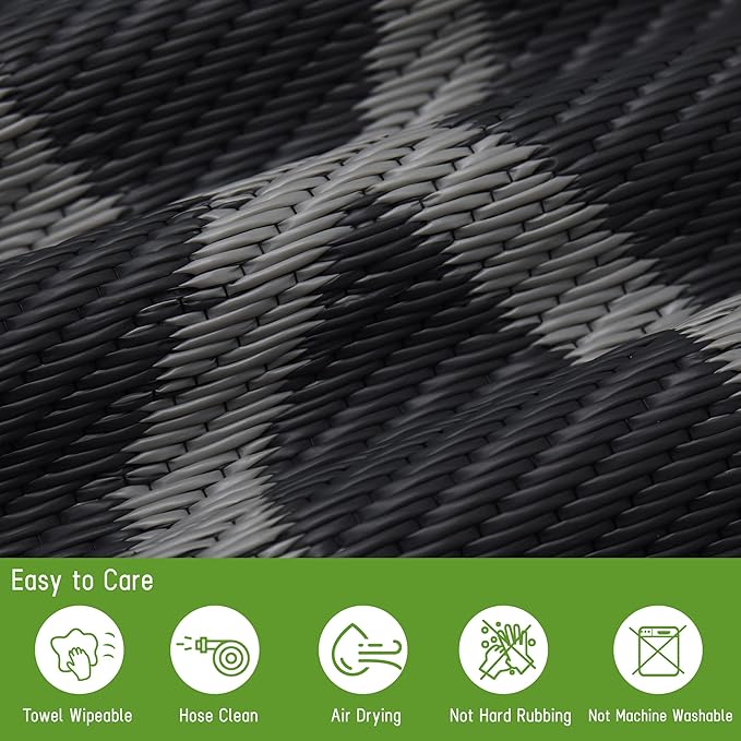 Easy-Going Reversible Outdoor Rugs 9x12ft Waterproof Plastic Straw Rug Stain & UV Resistant Floor Mat for Patio Porch RV Backyard Pool Deck Picnic Beach Trailer Camping (Moroccan Black & Grey)