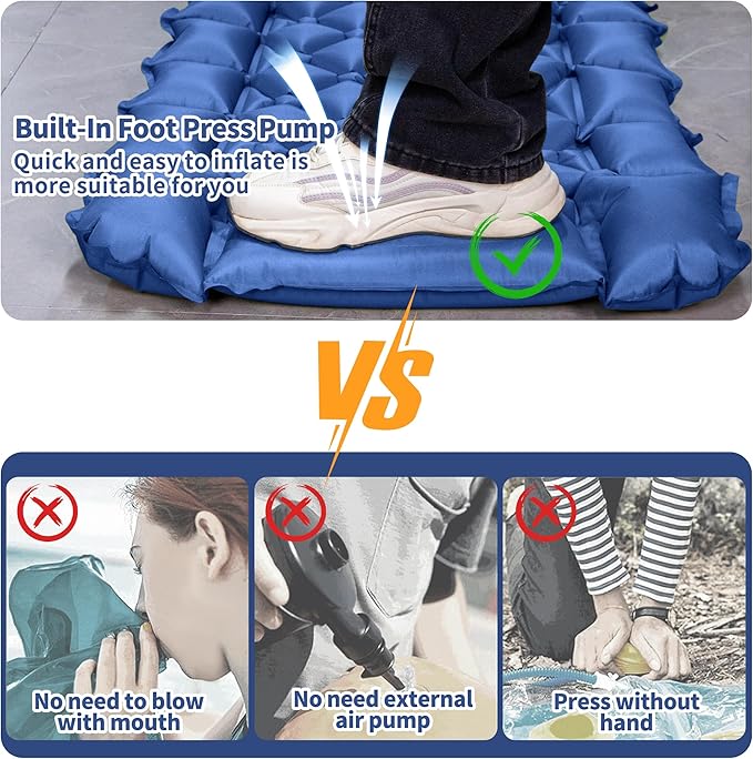 Single Sleeping Pad for Camping, Ultralight Inflatable Sleeping Mat with Pillow and Built-in Foot Pump, Portable Camping Mattress for Tent, Backpacking, Hiking, Traveling(Blue)