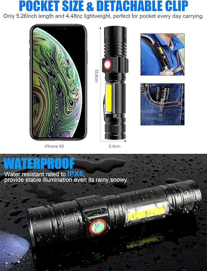 Rechargeable LED Flashlights, Magnetic Flashlight Super Bright Tactical Flashlight with SideLight,USB Rechargeable,Zoomable,Waterproof Best Small Flashlight for Camping, Emergency