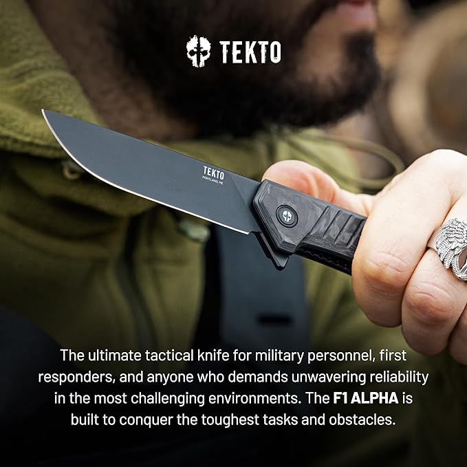 F1 Alpha Folding Pocket Knife - Modified Straight Back Blade, Titanium Coated D2 Steel, Ideal for Outdoor Camping & Backpacking,Tactical Forged Carbon Fiber Handle, Blue Titanium Accents