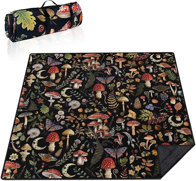 Extra Large Picnic Blankets Waterproof Foldable (80"x 80") Mushroom Beach Blanket Waterproof Sandproof,3-Layer Thicking Mat Outdoor Packable Camping Blanket