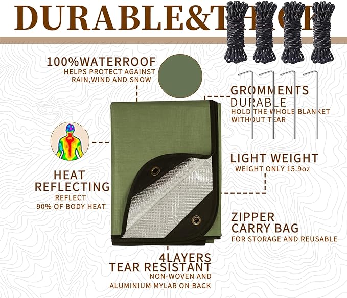 Heavy Duty Survival Blanket -Multifunctional Reflective Tarp Thermal Blanket - 60" x 83" Waterproof Sandproof for Camping Hiking Outdoors Multifunctional Emergency Blanket
