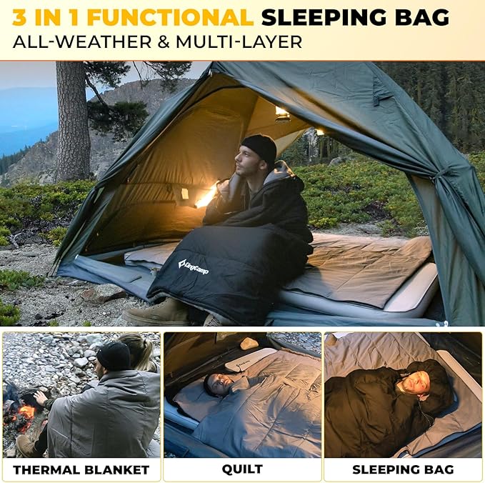 KingCamp 3-in-1 Sleeping Bag for Adults Cold & Warm Weather, XL Size for Big & Tall Individuals, Waterproof, Flannel Lining, Extra Length-Ideal for Camping & Backpacking