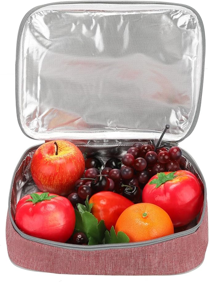 PATIKIL 11"x8"x3" Insulated Lunch Bags, Portable Food Containers Bag Flat Bento Bags Reusable Thermal Lunch Pail for Men and Women, Pink