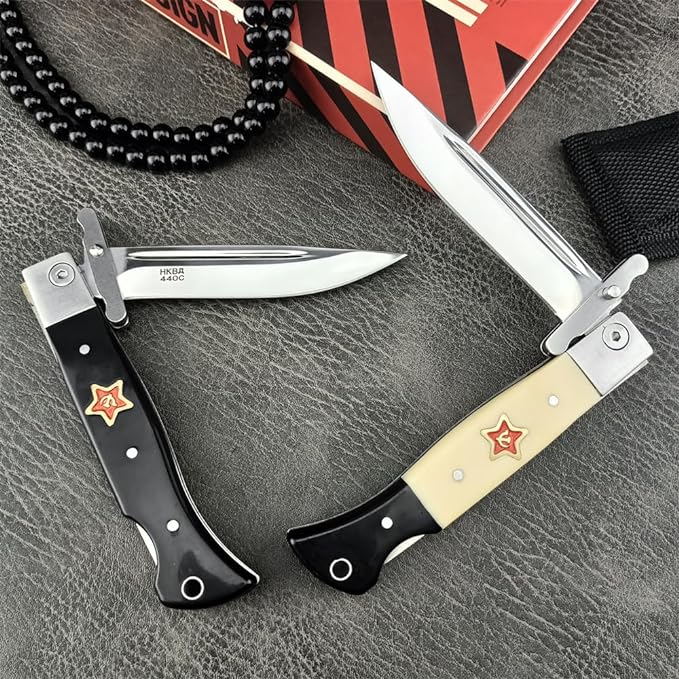 Finka-NKVD KGB Folding Pocket Knife,3.66" Mirror Polished 440C Blade and ABS Handle,Nylon Sheath,Assisted Opening Flipper Knife with Lockback, EDC for Camping Hunting Survival (BLACK)