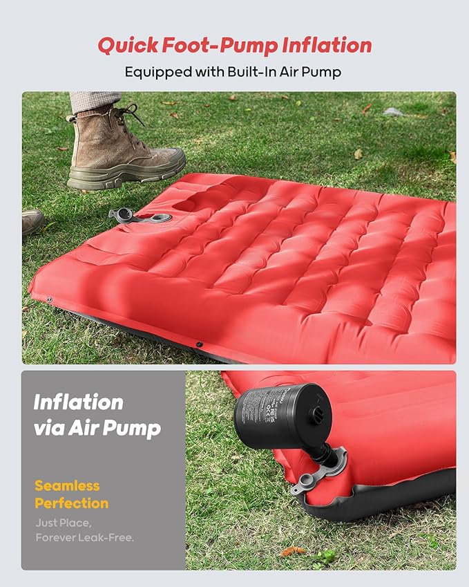 QPAU Sleeping Pad for Camping, Camping Mattress, 76''X26'', 4.7'' Extra-Thick Enhanced Support, with Built-in Foot Pump, for Camping, Hiking - Airpad, Backpacking and Home (Red+Dark Grey)