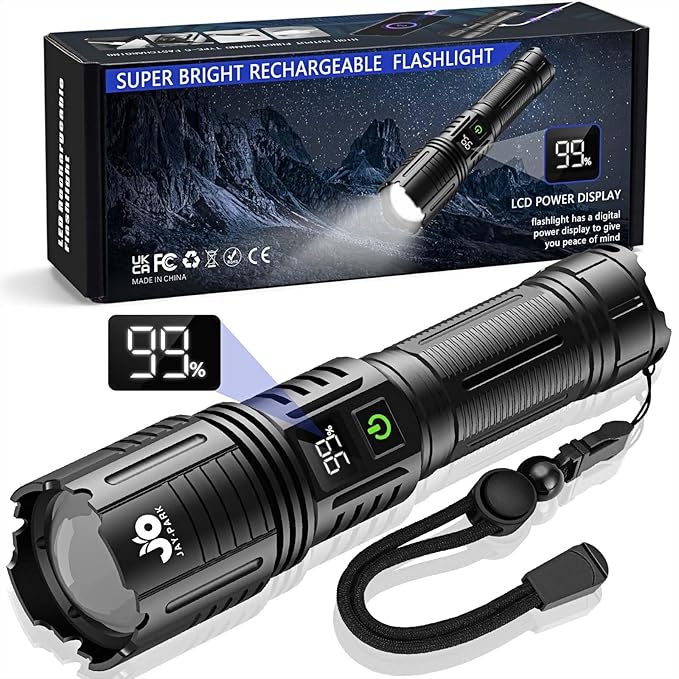 Rechargeable Flashlights 1000000 Lumen, LED Flashlight with Digital Power Display and Zoomable, Flashlights High Lumen Super Bright Long Distance for Camping, bushcraft, Outdoor