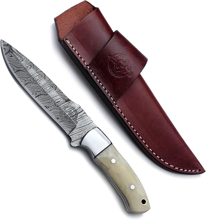 Handmade Damascus Steel Knife Bowie for Hunting,Survival,Camping,Bushcraft,Fixed Blade Dagger with Drop Point Full Tang Micarta Handle, Leather Sheath - WKD-781