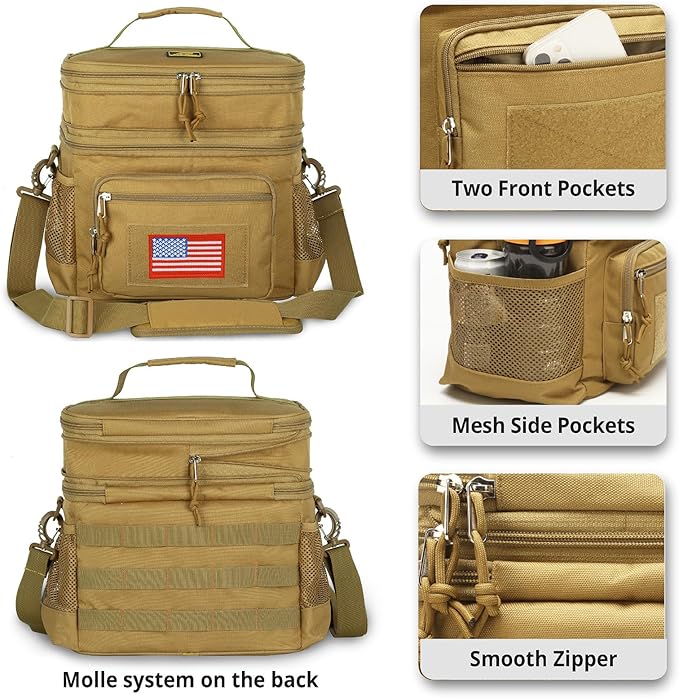 ATRIPACK Lunch Bag for Men, Double Deck Tactical Lunch Box Work with Shoulder Strap MOLLE Webbing Large Lunch Cooler Leakproof Insulated (Brown)