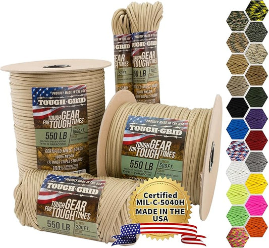 TOUGH-GRID Premium Buckskin Paracord 550 lbs Made in USA Outdoor Survival Nylon Rope Tactical Heavy Duty Strands Parachute Cord Used by US Military Type III Mil-Spec