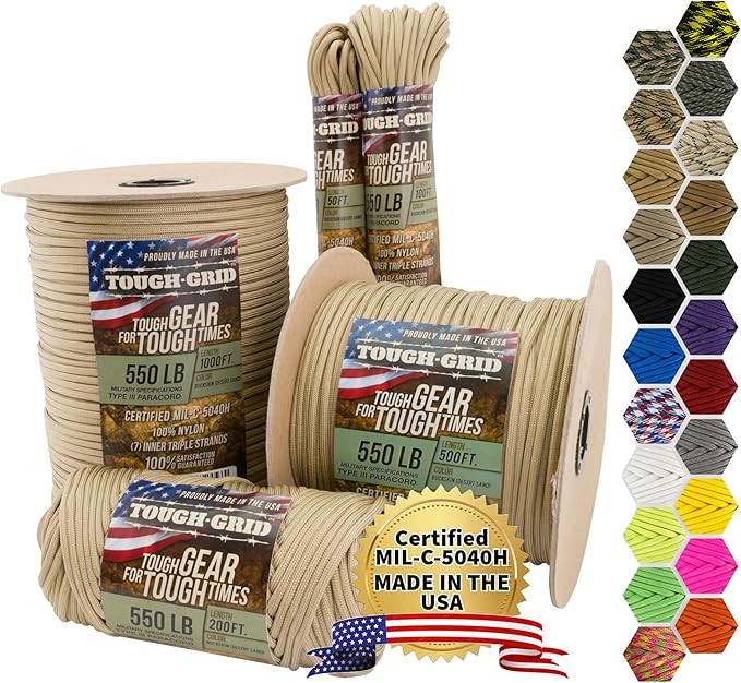TOUGH-GRID Premium Buckskin Paracord 550 lbs Made in USA Outdoor Survival Nylon Rope Tactical Heavy Duty Strands Parachute Cord Used by US Military Type III Mil-Spec