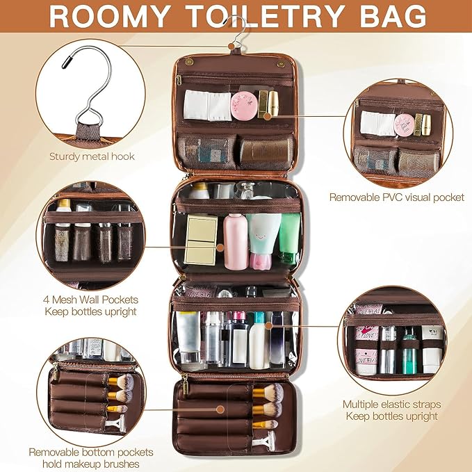 Elviros Hanging Toiletry Bag for Men Travel Essentials 3-in-1 Large Waterproof Dopp Kit PU Leather Shaving Bag with Separate Compartments for Grooming and Toiletries