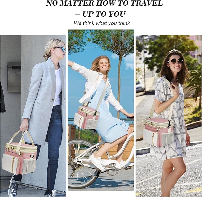 Lunch Box & Lunch Bag for Women, Large Insulated Adult Lunch Box Leakproof Lunchbox Cooler Bag for Work Picnic Beach,16L, Light Pink & White