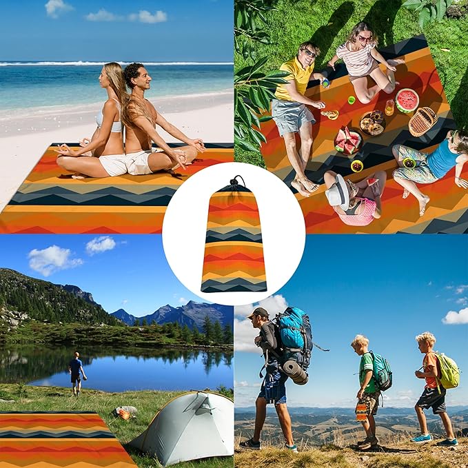 Beach Blanket Sandproof Waterproof, 78''×86'' Compact Lightweight Outdoor Mat Sand Free with 4 Stakes for 2-4 Adults, Large Foldable Picnic Pocket Blanket for Travel Camping, Hiking - Mirage Fortress