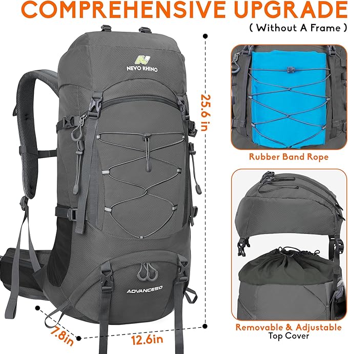 N NEVO RHINO Waterproof Hiking Backpack 50L/60L, Camping Backpack with Rain Cover, Hiking Travel Mountaineering Backpack