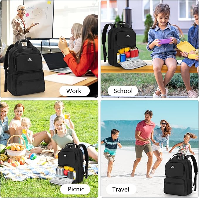 Lunch Backpack for Women Men, Insulated Cooler Lunch Box Backpack, 15.6-inch Laptop Backpacks with USB Port, Water Resistant Leak-proof Lunch Bag for College (Black)