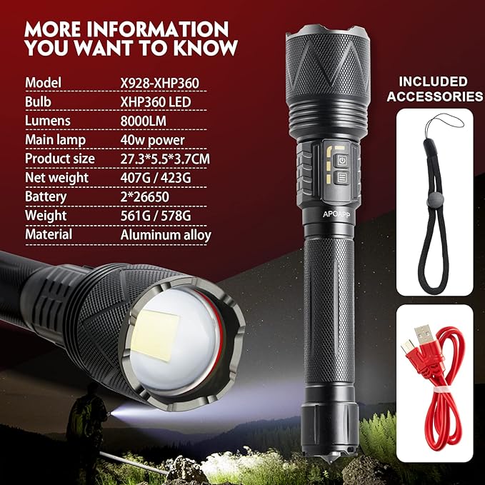 LED Torch High Lumen, Powerful 8000 Lumen Super Bright Torch with USB Cable, Multifunctional Promise Dimming Zoomable Waterproof Tactical Torch for Hunting, Fishing Outdoor Camping