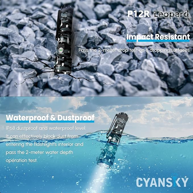 CYANSKY Rechargeable Flashlight,Super Bright,Flashlights High Lumens, Small EDC Flashlights for Emergencies,IP68 Waterproof Flash Light for Camping,Hiking,Outdoor,Home (Leopard)