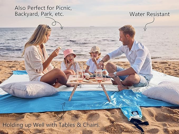 WEKAPO Beach Blanket Sandproof, Extra Large Beach Mat, Big & Compact Sand Free Mat Quick Drying, Lightweight & Durable with 6 Stakes & 4 Corner Pockets