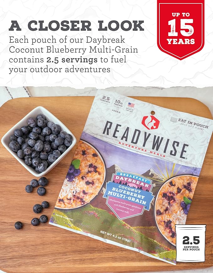 READYWISE - Outdoor Coconut Blueberry Multi-Grain, 2.5 Servings, Pack of 1, Emergency Preparedness, Freeze Dried Food, MRE, Snack Pack, Survival Food, Emergency Food for Backpacking, Camping, and Hiking