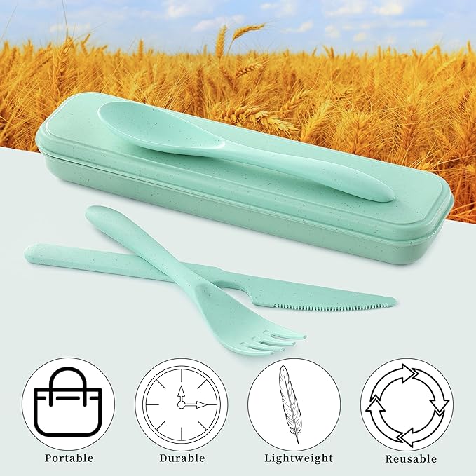 Reusable Travel Utensils Set with Case, 4 Pack Reusable Wheat Straw Portable Utensils Set with Case, Travel Utensils for Lunch, Camping, Picnic, Travel (Green, Pink, Blue, Beige)