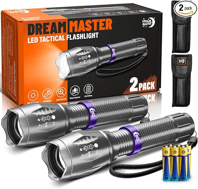 2 Pack LED Flashlights High Lumens with 6 AAA Batteries, 5 Modes Mini Waterproof Tactical Flashlight for Camping Hiking, Bright Flashlight with Zoomable, Fathers Day Dad Gifts for Him, Grey & Purple