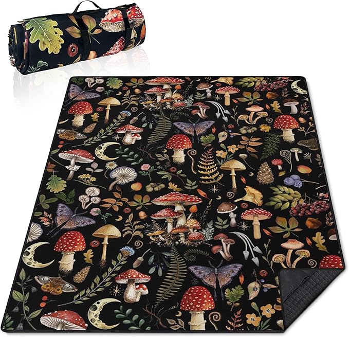 Extra Large Picnic Blankets Waterproof Foldable (60"x 80") Mushroom Beach Blanket Waterproof Sandproof,3-Layer Thicking Mat Outdoor Packable Camping Blanket