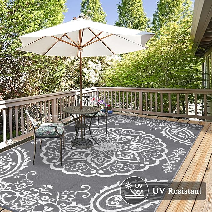 Pauwer Waterproof Outdoor Rug 5x8, Reversible Plastic Straw Patio Camping Rug, Indoor Outdoor RV Mat Carpet for Deck, Camper, Porch, Balcony, Backyard, Picnic, Boho Grey