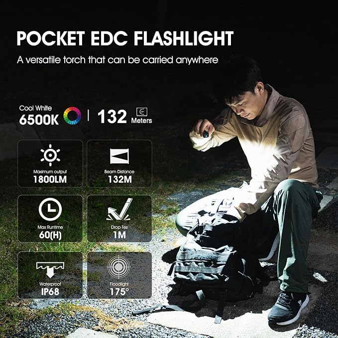 WUBEN E7 1800 Lumen Rechargeable Mini Flashlight with Magnet - Super Bright 6 Modes Khaki EDC Flashlight, Typ-C Rechargeable LED; IP68 Pocket Flashlight for Headlamp Use, Rescue, Camping