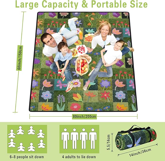 Extra Large Picnic Blankets Waterproof Foldable (60 "x 80") Beach Blanket Waterproof Sandproof,3-Layer Thicking Mat Outdoor Packable Camping Blanket