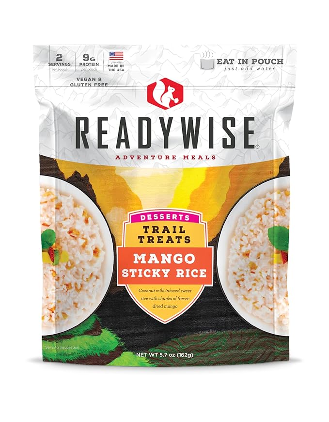 READYWISE - Outdoor Mango Sticky Rice, 2 Servings, Pack of 1, Emergency Preparedness, Freeze Dried Food, MRE, Snack Pack, Survival Food, Emergency Food for Backpacking, Camping, and Hiking