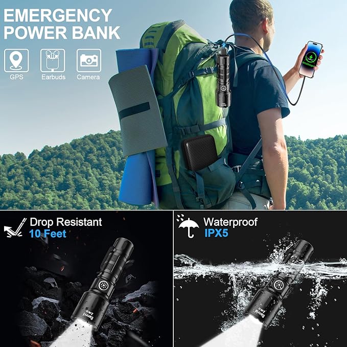 Rechargeable Flashlights 20,000 High Lumens, 1500M Long Throw Super Bright LED Small Powerful Flashlight with Memory Function, 6Modes Pocket Waterproof Flash Light for Camping,Hiking,Emergency