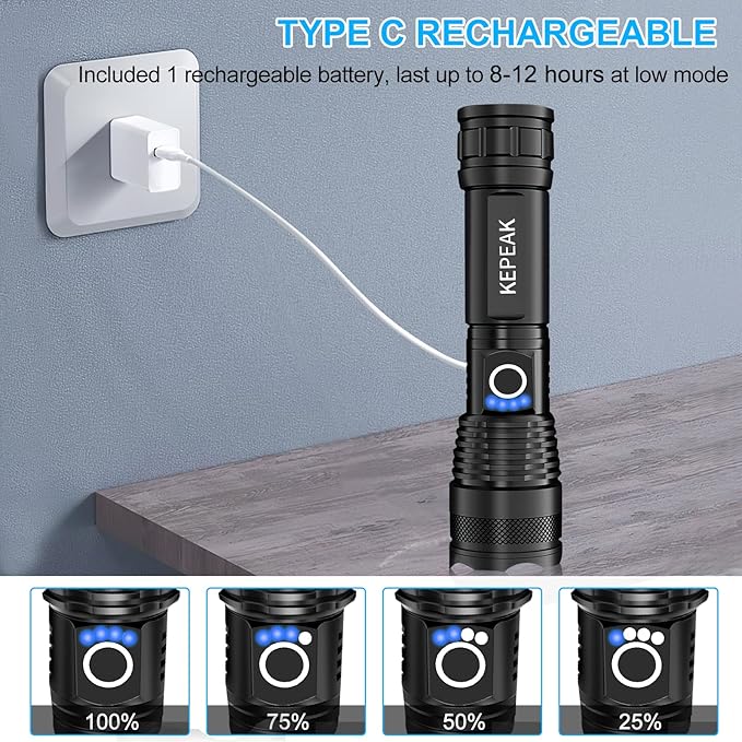 KEPEAK Flashlight, Rechargeable 5000 High Lumen Tactical Handheld Waterproof Zoomable LED Flashlight with 5 Light Modes for Emergency, Camping and Hiking