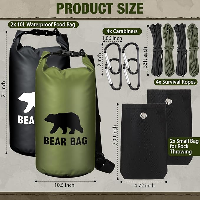 2 Sets Bear Food Bag for Camping Ultralight Food Bag Hanging System Includes 2 Pcs 10 L Waterproof Bear Bag Pulley System and 4 Pcs Nylon Ropes 4 Pcs Clips 2 Pcs Rock Pouch